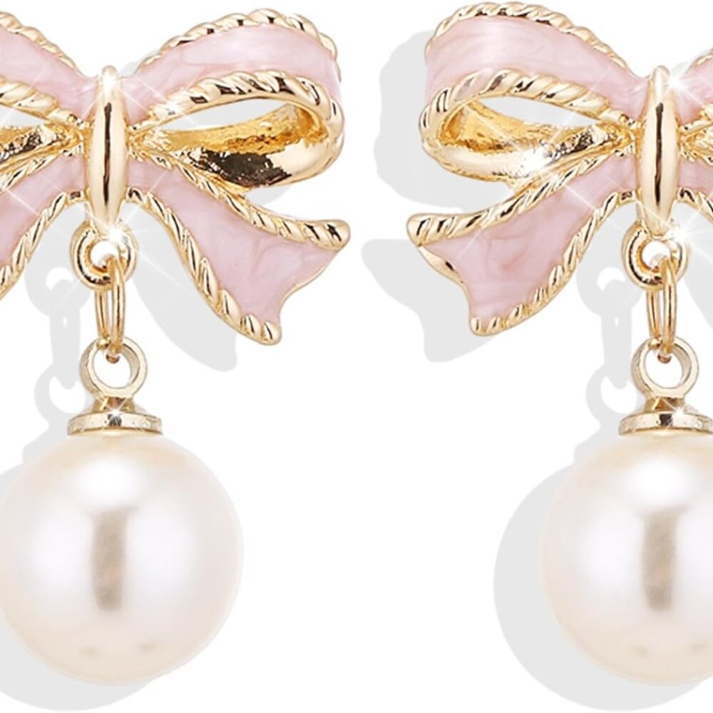 Bow Earrings for Women Trendy Stuff Cute Bow Pearl Drop Dangle Earrings Bowknot